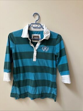 Roots Teal & Forest Green Striped Rugby Polo with White Collar